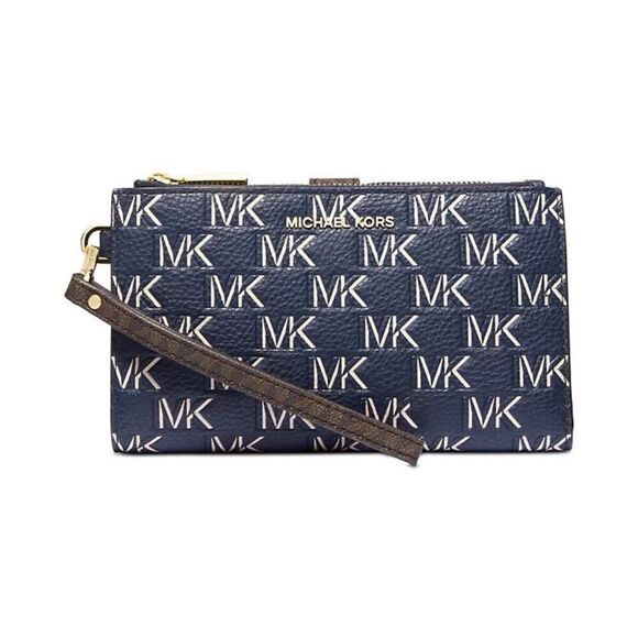 Michael Kors Jet Set Logo Wristlet Women's Navy Brown Double Zip Wallet ERK962 - Picture 1 of 10